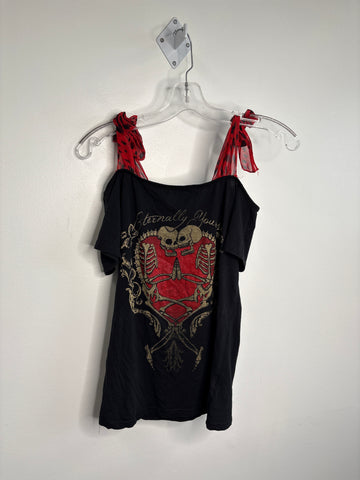 Too Fast "Eternally Yours" Y2K Cold Shoulder RIbbon Gothic Tee (XL)