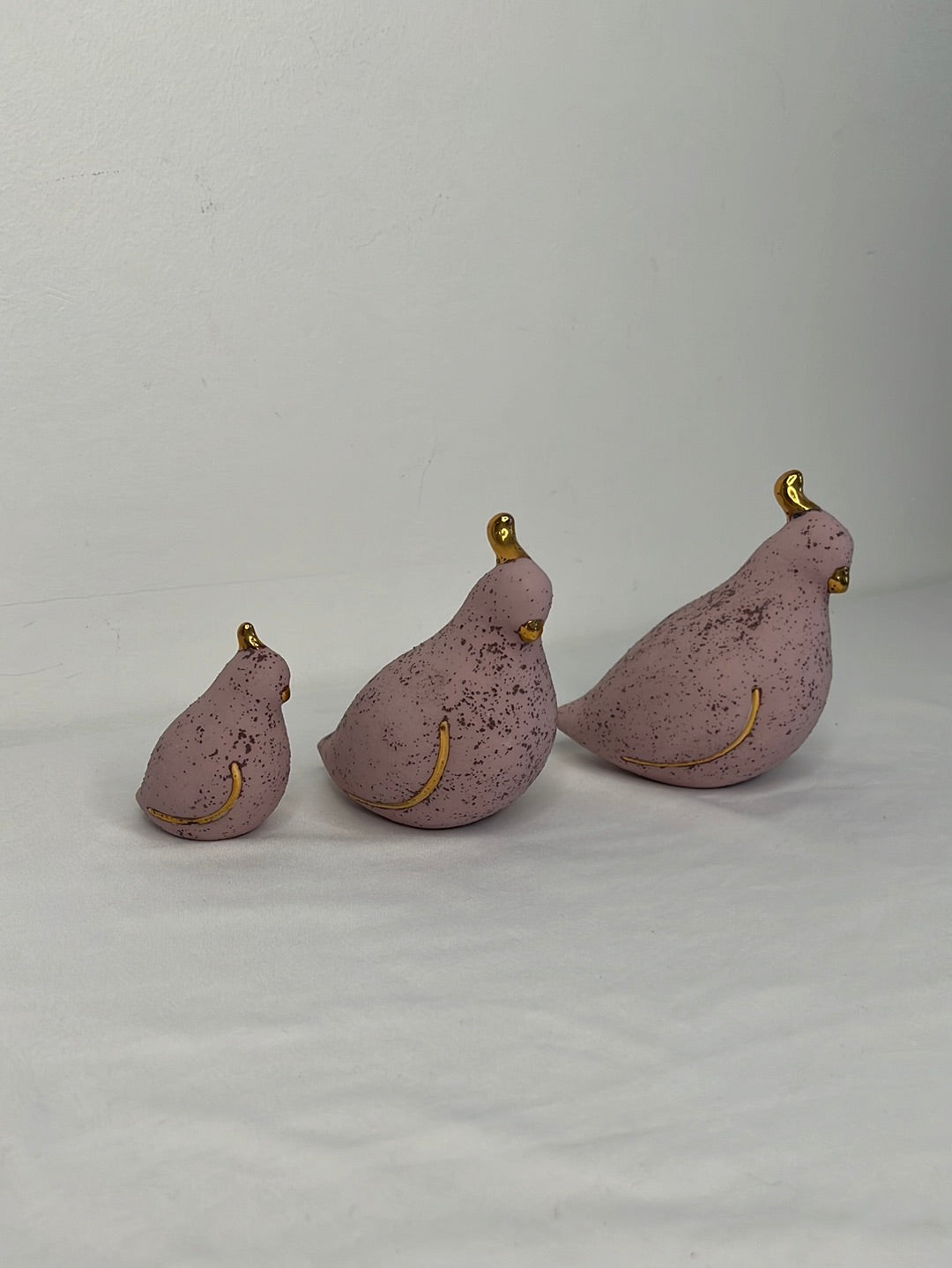 Set of 3 Mauve and Gold Accent Textured Ceramic Partridge Quail Ceramic Figurines