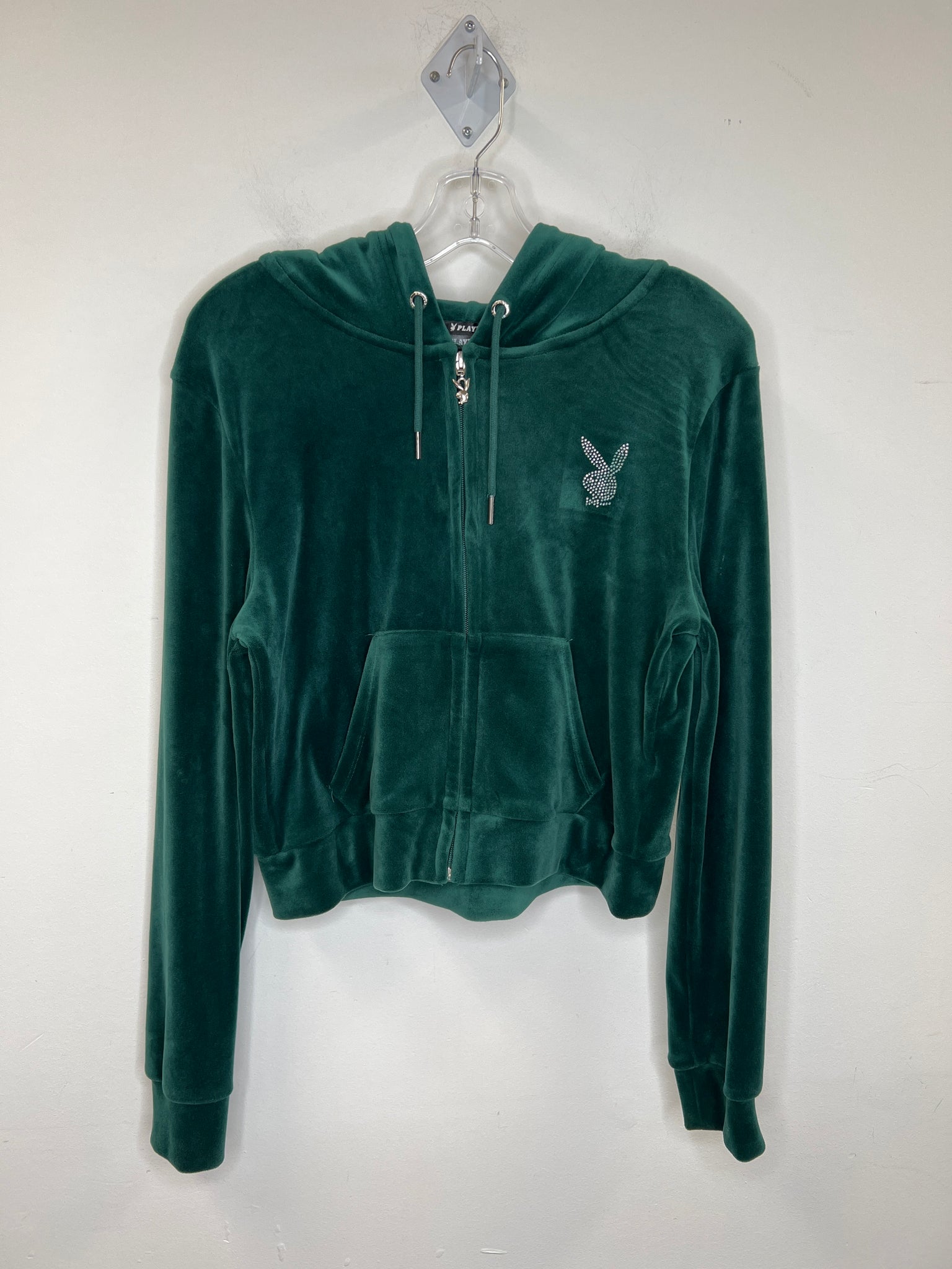 Playboy Forest Green Velvet Crop Zip-up Hoodie (L)