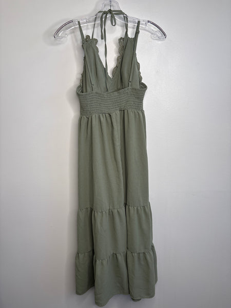 Sage Green Three-Tiered Halter Maxi Dress