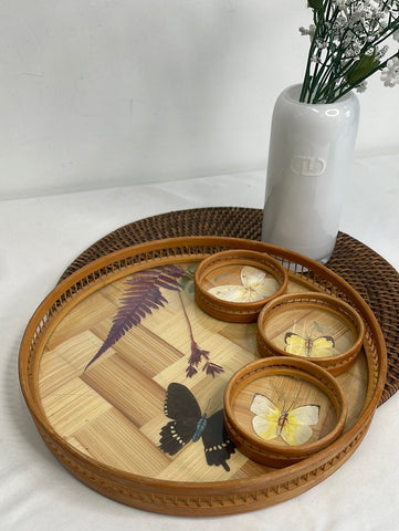 Vintage 4-Piece Bamboo Wicker Serving Tray