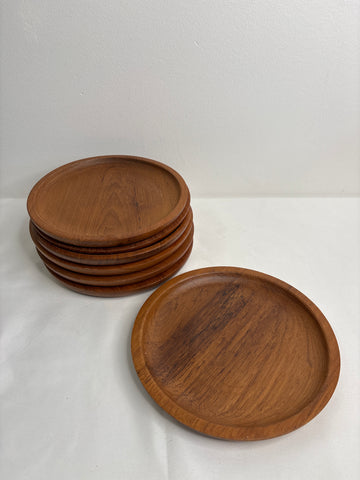 Vintage Teak Set Of 7 Wooden Plates