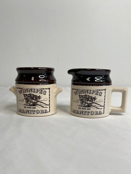 Set Of Two Vintage Ye Olde Canadian Crock Prints Ceramic Winnipeg Red River Cart Manitoba Creamer+Sugar Set