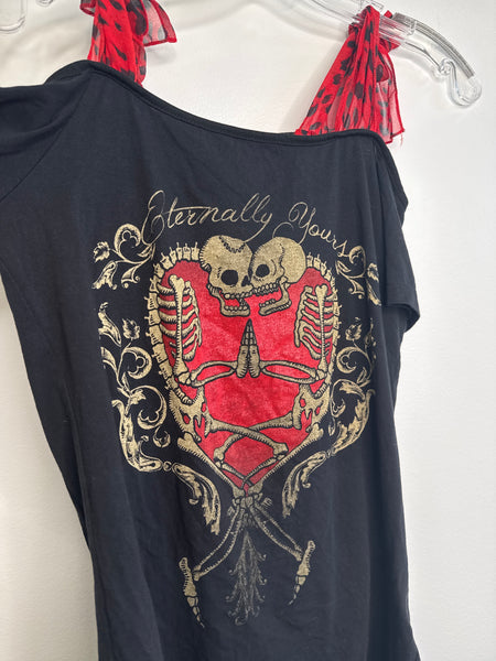 Too Fast "Eternally Yours" Y2K Cold Shoulder RIbbon Gothic Tee (XL)