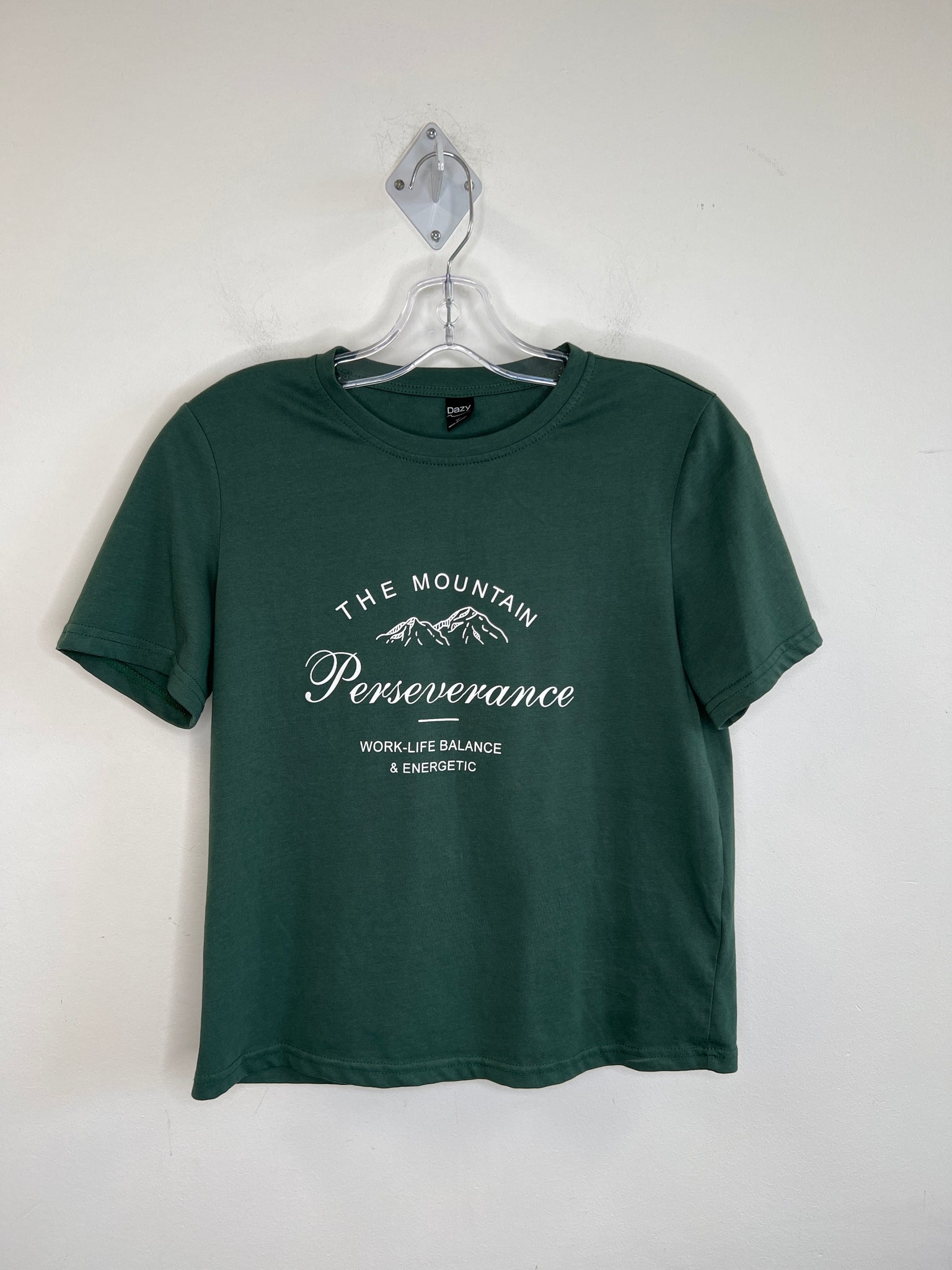 Dazy Forest Green "The Mountain Perseverance: Work-Life Balance & Energetic" Graphic T-shirt (M)