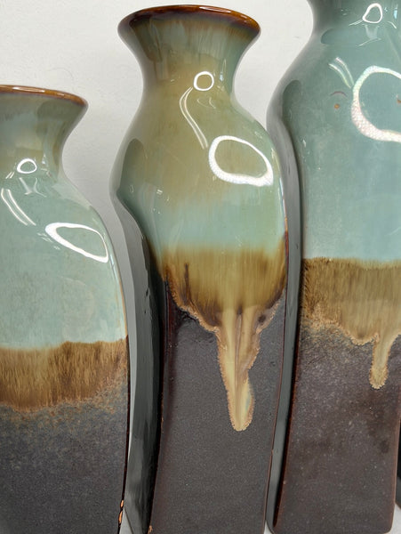 Elements Reactive Set of 5 Glazed Blue Brown Pottery Vases