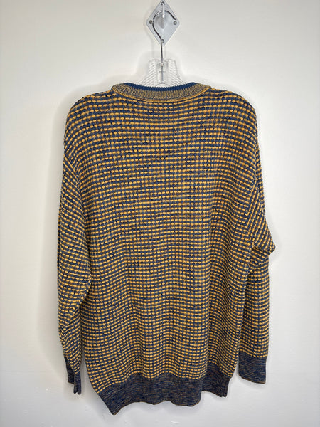 Hugo Boss Blue & Yellow Cotton-Linen Blend Waffle-Knit Pullover Sweater