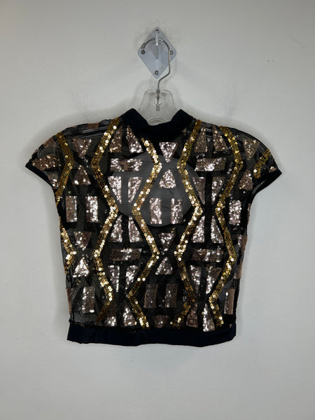 Weissman LA Black/Gold Back Keyhole Sheer Sequins Short-Sleeved Crop Top