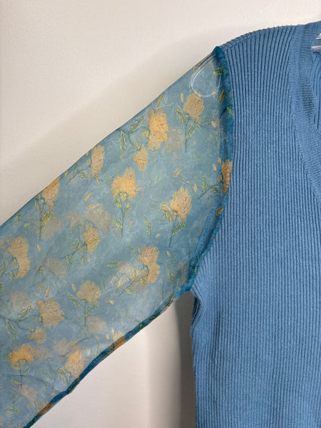 Vila Milano Blue Sheer Floral Sleeve Knit Cardigan Sweater (L)