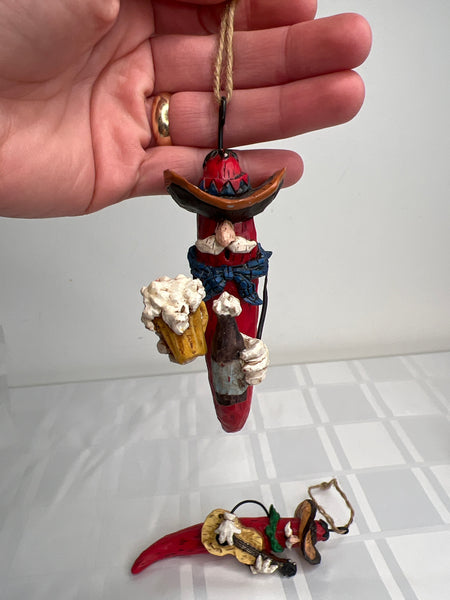 SET OF 3 Vintage Wooden Western Musical Red Chilli Pepper Christmas Ornaments