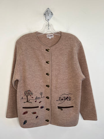 Vintage D'Allairds Beige Button-Up Knitted Autumn Days Embroidered Graphic Pure Wool Long-Sleeve Cardigan Sweater (S)