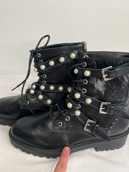 Zara Basic Collection Faux Pearl Studded Black Lace Up Combat Boots (US 8)