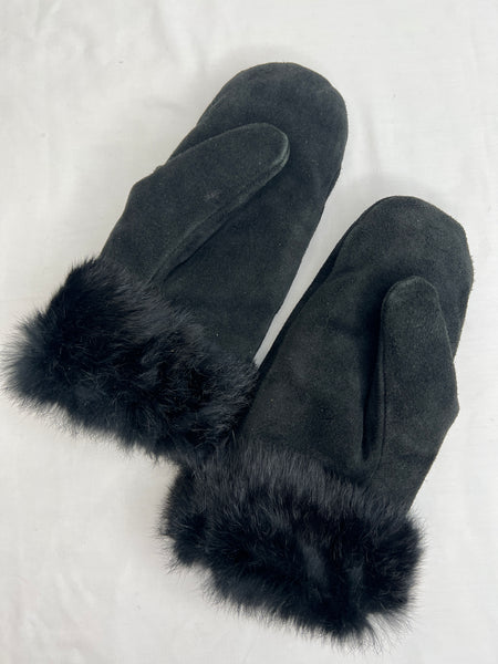 Shekman Furs Rabbit Trim Black Suede Mittens (M)