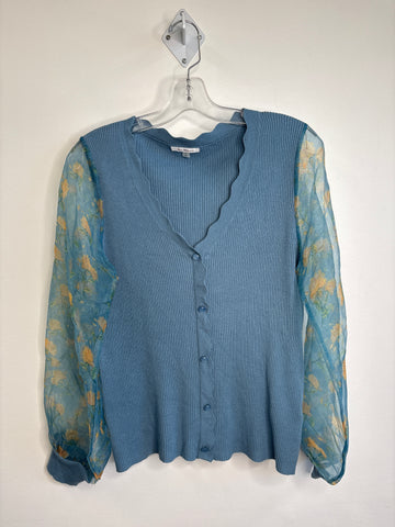Vila Milano Blue Sheer Floral Sleeve Knit Cardigan Sweater (L)