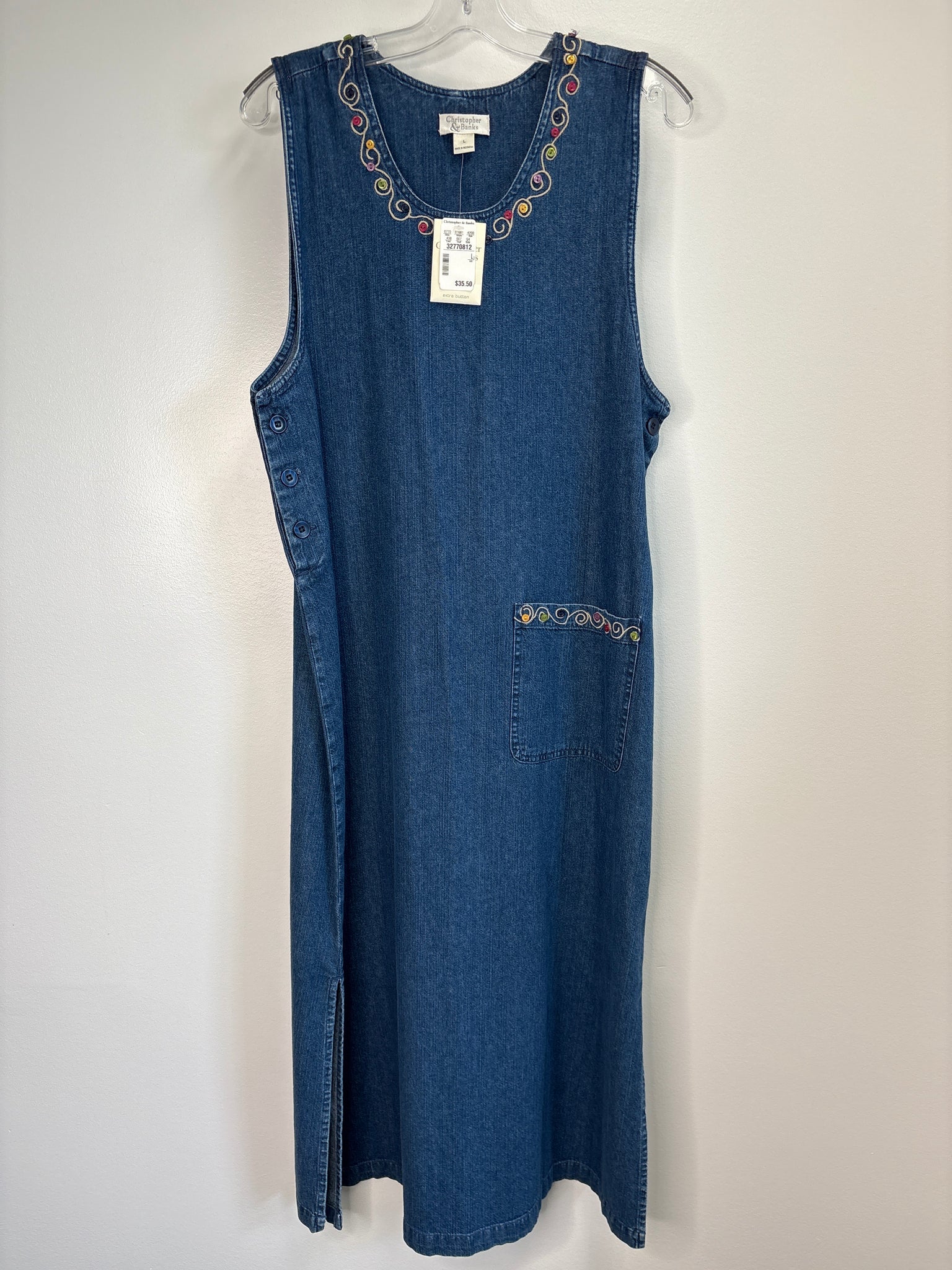 NWT Christopher Banks Embroidered Button Denim Double Slit Cotton Maxi Dress (L)