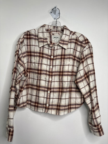 American Eagle Plaid Cropped Long-Sleeve Button-Up (M)