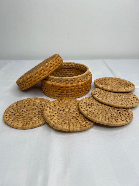 SET OF 5 Wicker Coasters + Storage Case