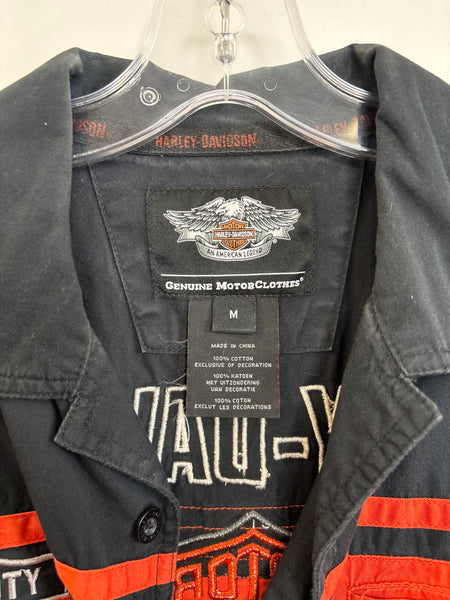 Harley Davidson Black & Orange Embroidered Mechanic Short Sleeve Button-Up Work Shirt (M)