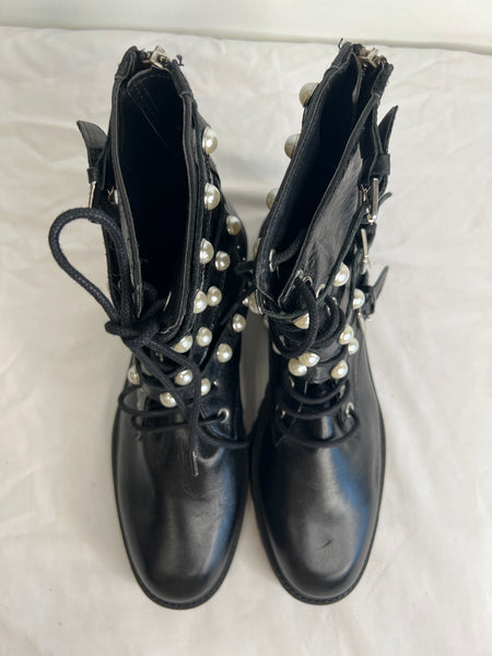 Zara Basic Collection Faux Pearl Studded Black Lace Up Combat Boots (US 8)