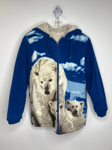 Vintage Classic Edition Blue "Polar Bears" Graphic Fleece Zip-up Hooded Long-Sleeve Jacket (S)