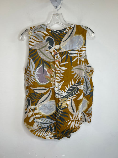 Yellow Palm Leaf Print Linen Sleeveless Button-Up Shirt (L)