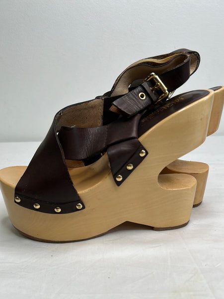 Michael Kors Ashley Leather & Wood Cutout Wedge Platform Heels (6 1/2 M)