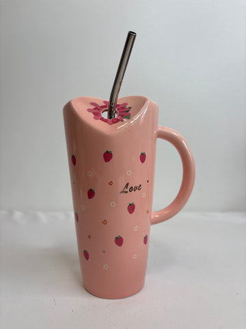 Strawberry Ceramic Large Ice Coffee Mug with Straw