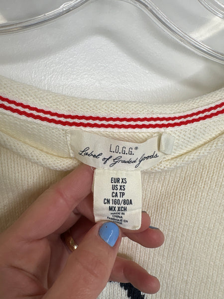 L.O.G.G Blue & White Anchor Graphic Cotton-Blend Cropped Quarter-Sleeve Knit Sweater (XS)