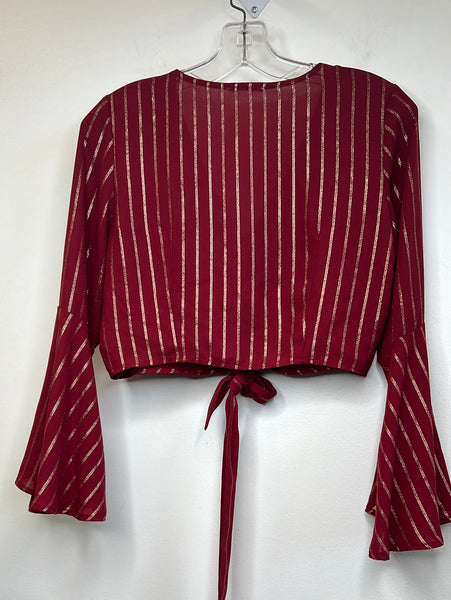 Chocolate Striped Cropped Top V-neck Bell-Sleeve Blouse (S)