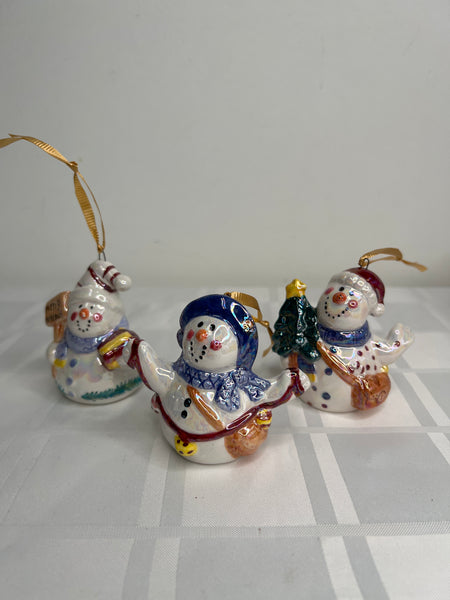 Set Of 3 Vintage Ceramic Snowman Christmas Ornaments