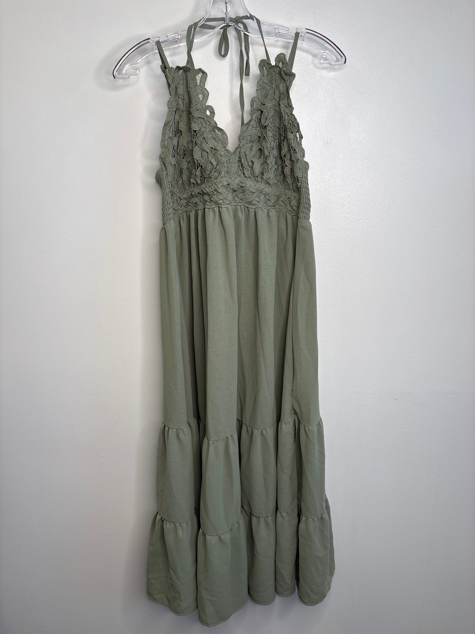 Sage Green Three-Tiered Halter Maxi Dress