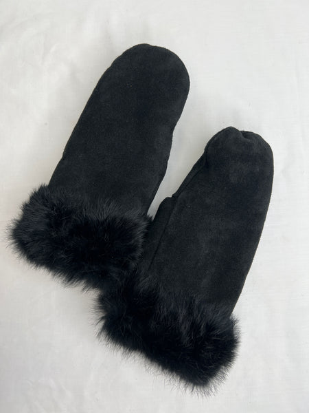 Shekman Furs Rabbit Trim Black Suede Mittens (M)