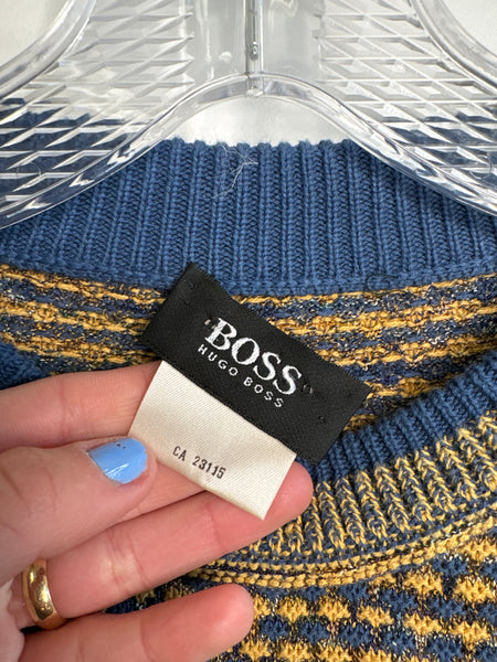 Hugo Boss Blue & Yellow Cotton-Linen Blend Waffle-Knit Pullover Sweater