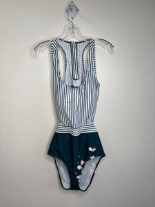 Striped Floral Backless One Piece Swimwear (XXL)