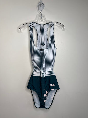 Striped Floral Backless One Piece Swimwear (XXL)