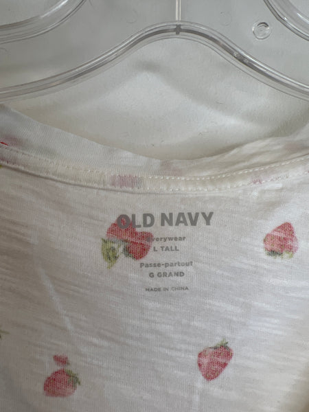 Old Navy White Strawberry Print V-Neck T-shirt (L Tall)