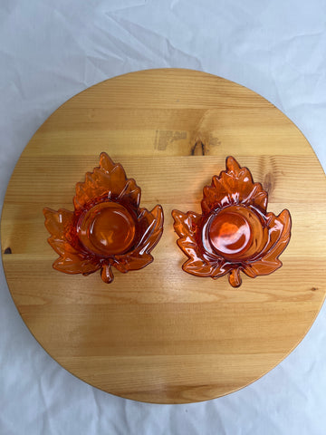 SET OF 2 Orange Leaf Candle Holders