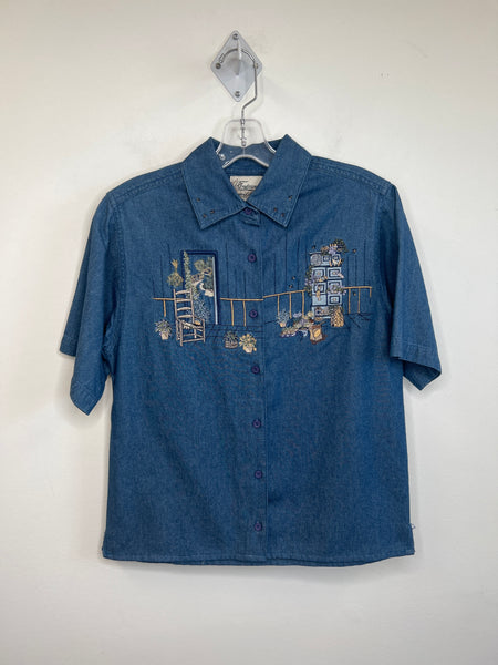 Vintage Tradition Country Collection Embroidered Denim Short-Sleeved Button-Up Shirt (S)