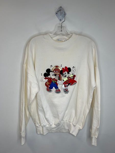 Vintage Fuzzy's By Seitz Cream "Mickey And Minnie Dancing" Embroidered Graphic Pullover Sweatshirt (XL)