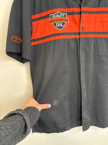 Harley Davidson Black & Orange Embroidered Mechanic Short Sleeve Button-Up Work Shirt (M)