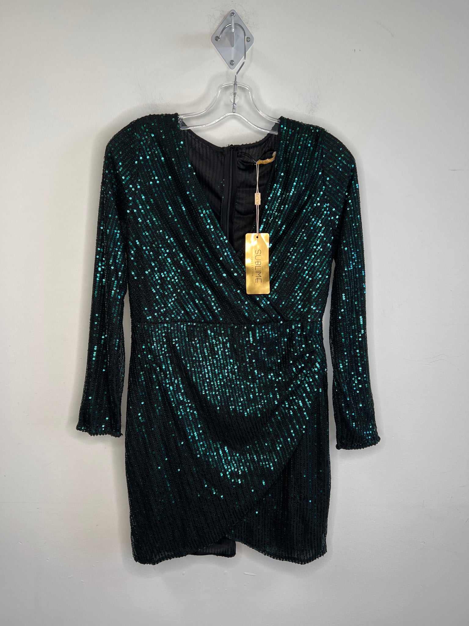 NWT Sublime Collection Deep Green Sequins V-Neck Long-Sleeve Mini Dress (L)