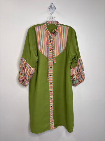 Striped Puff-Sleeve Button Up Midi Dress