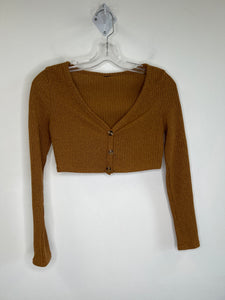 Brown Button-Up Ribbed Long-Sleeve Crop Top (S)