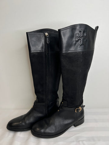 Tory Burch Simone Black Stitched Logo Knee High Riding Boots (US 8)