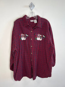 Bobbie Brooks Woman Red Plaid Christmas Graphic Christmas Button-Up Embroidered Long-Sleeve Shirt (26W/28W)