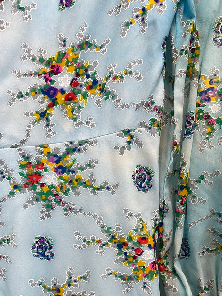 Vintage Nu-Mode Floral Print V-Neck Sheer Sleeve Maxi Empire Dress