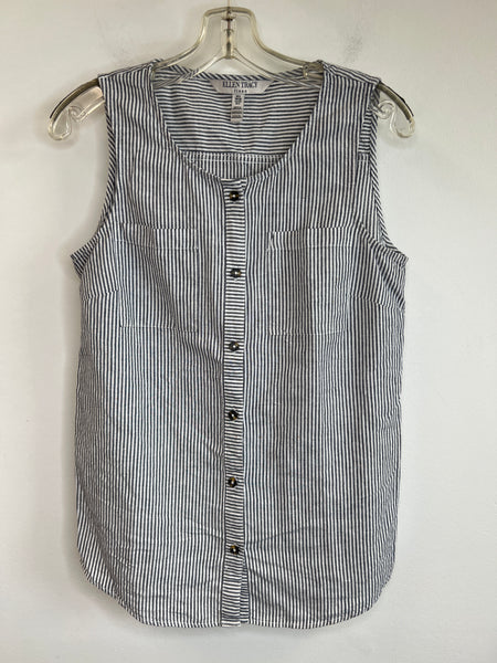 Ellen Tracy Linen Navy Stripe Sleeveless Button-Up Top (S)