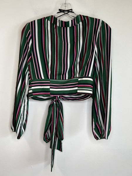 Forever21 Contemporary Green Striped 3/4 Sleeved Wrap Crop Top (S)