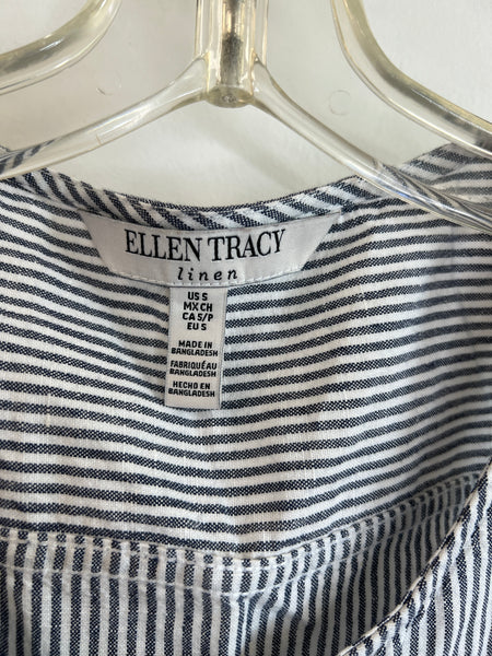 Ellen Tracy Linen Navy Stripe Sleeveless Button-Up Top (S)