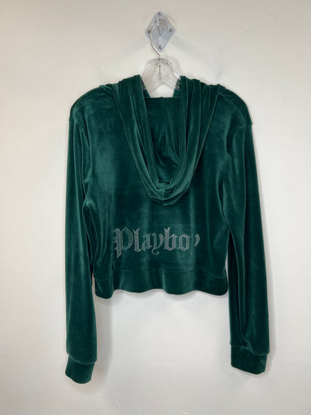 Playboy Forest Green Velvet Crop Zip-up Hoodie (L)